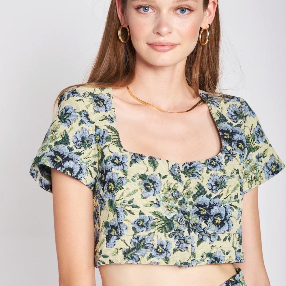 NEW En Saison Jacquard vintage fall floral green blue crop blouse - Picture 3 of 10